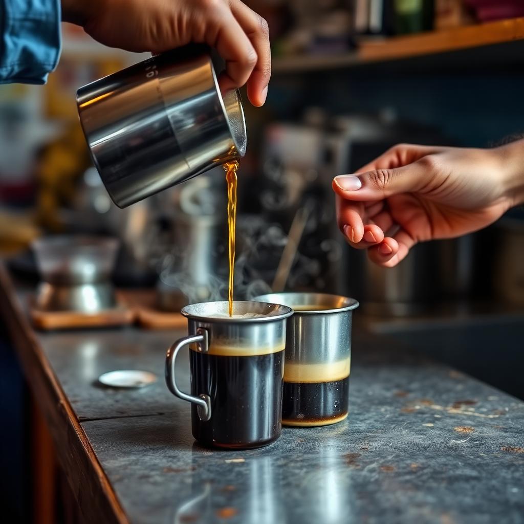 Filter coffee poured between two steel tumblers