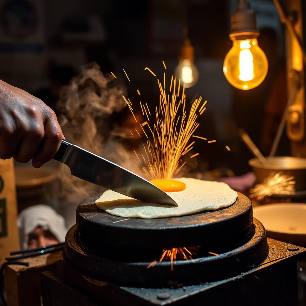Egg being cooked and chopped on a hot tawa at a night stall