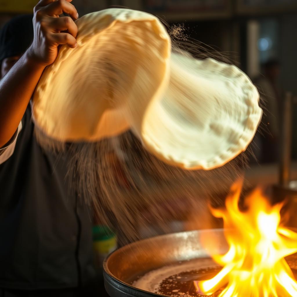 A cook slapping parotta dough over an open flame in Madurai