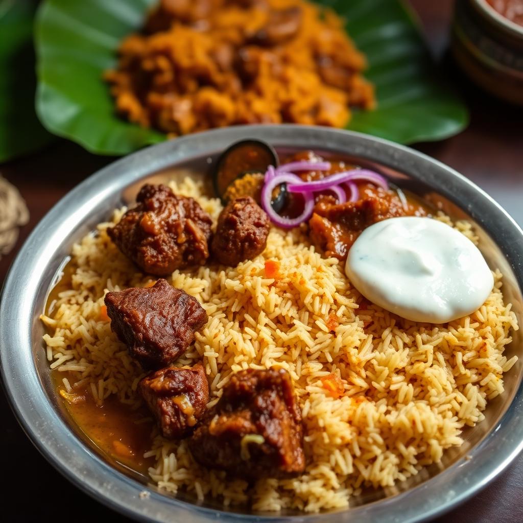 Madurai mutton biryani with seeraga samba rice and raita