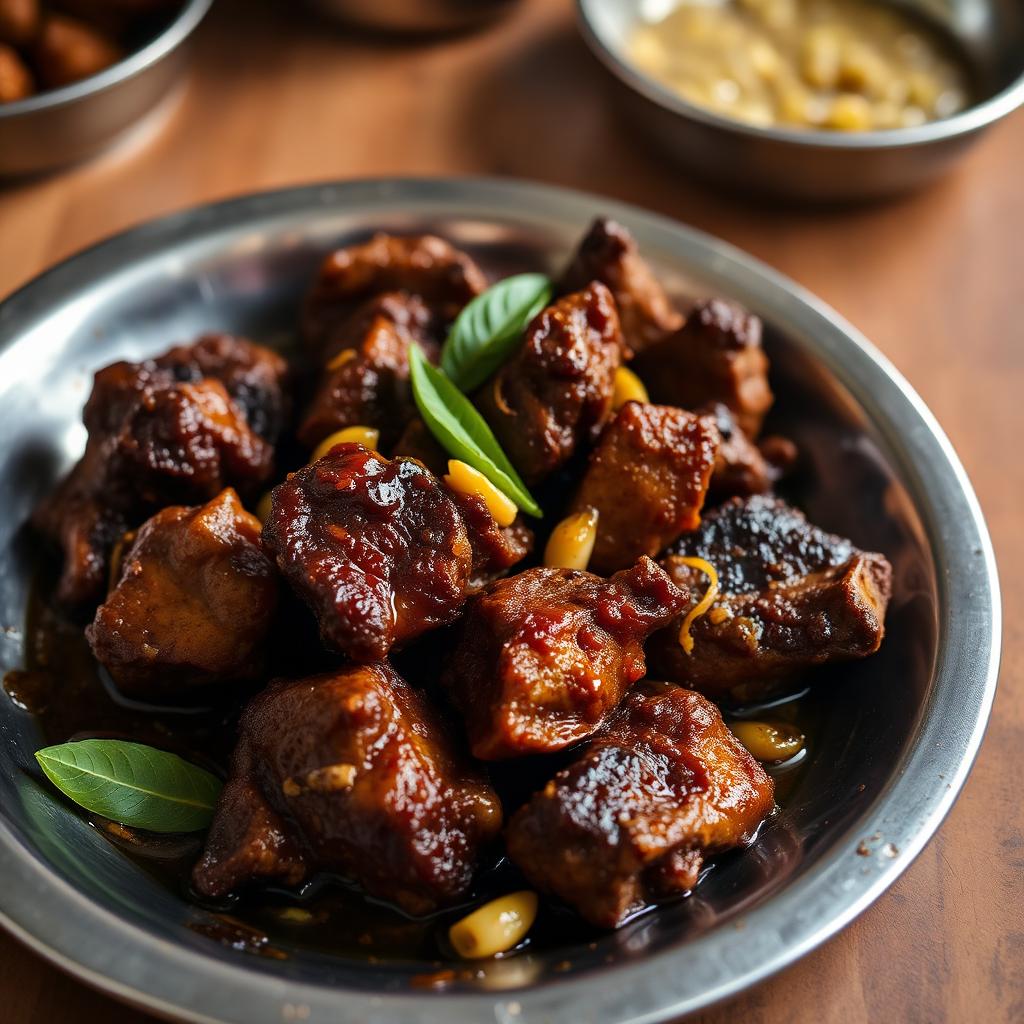 Pepper roasted dry mutton chukka with curry leaves in a steel plate