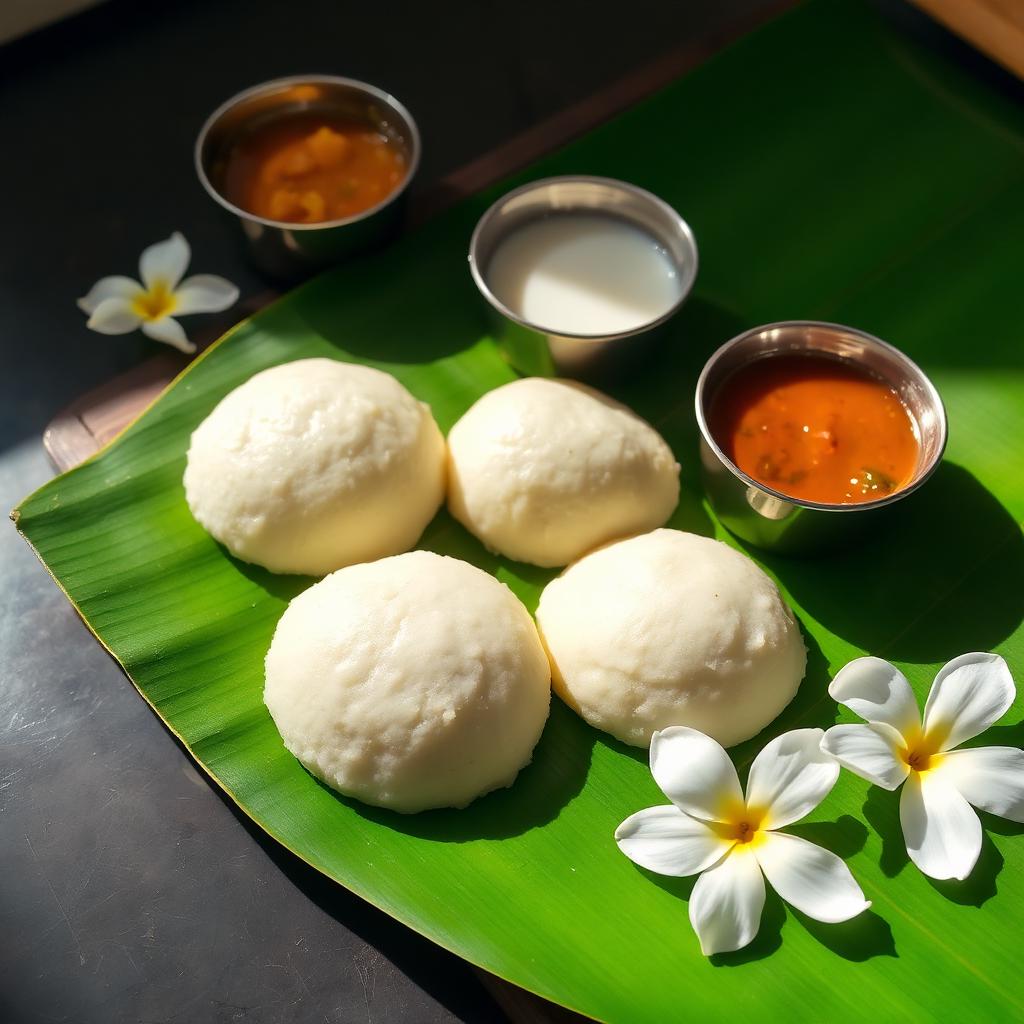 Extra soft white jasmine idlis on a banana leaf with chutney