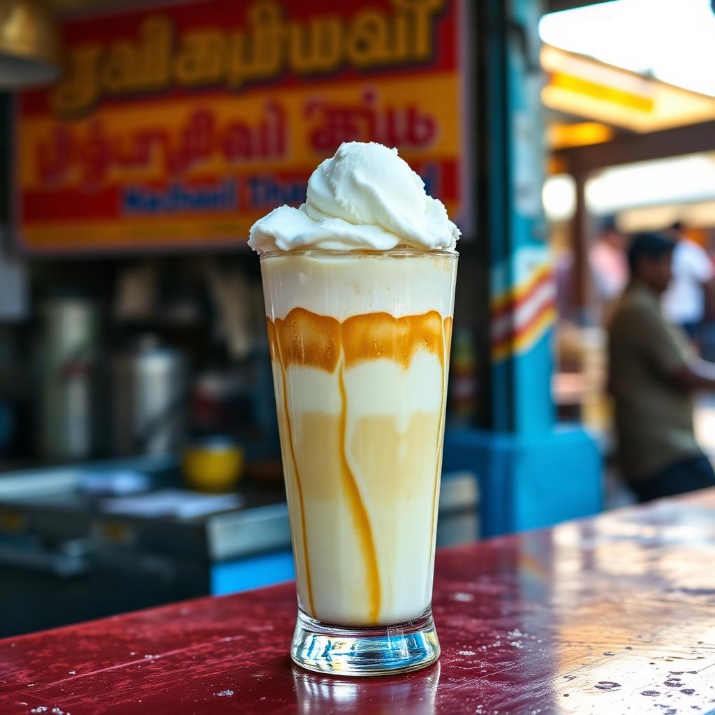 Tall glass of Madurai jigarthanda with ice cream and nannari syrup