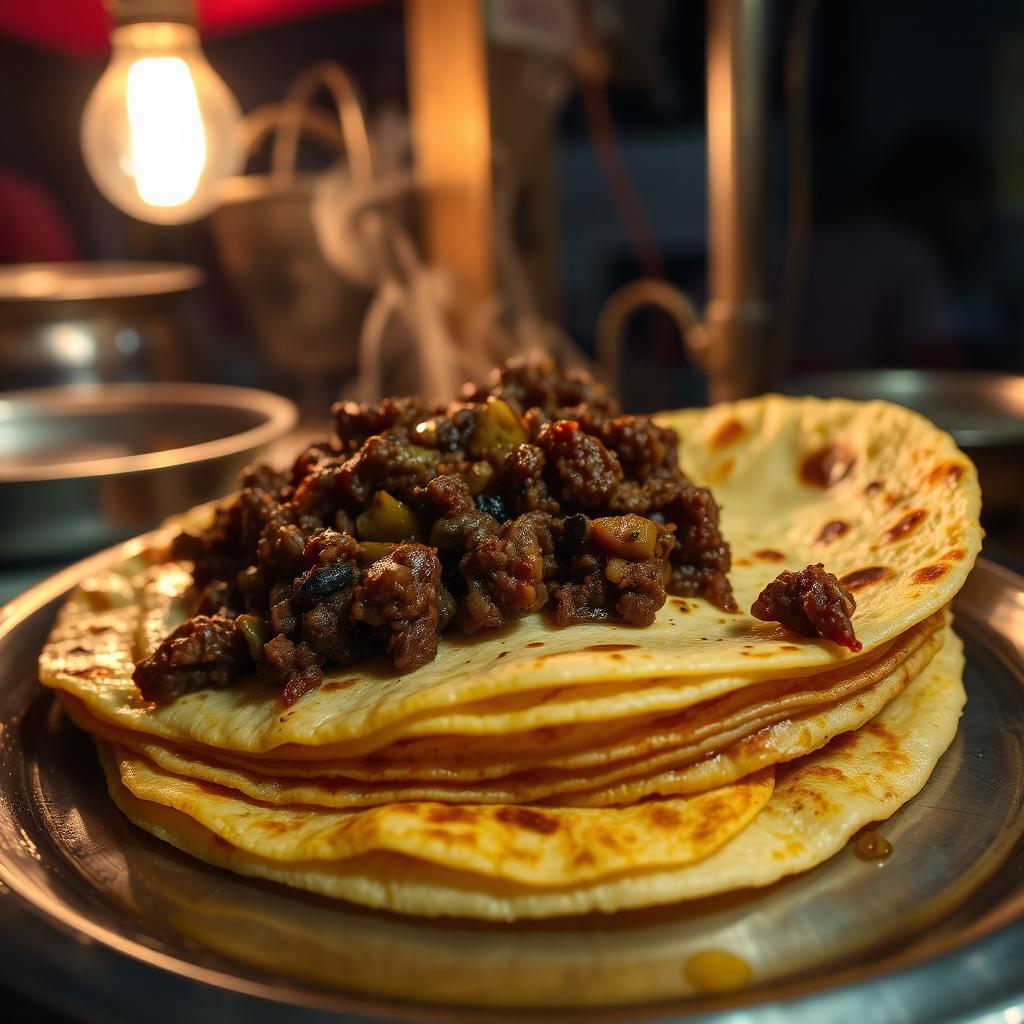 Thick Madurai kari dosa layered with egg and spicy minced mutton on a steel plate