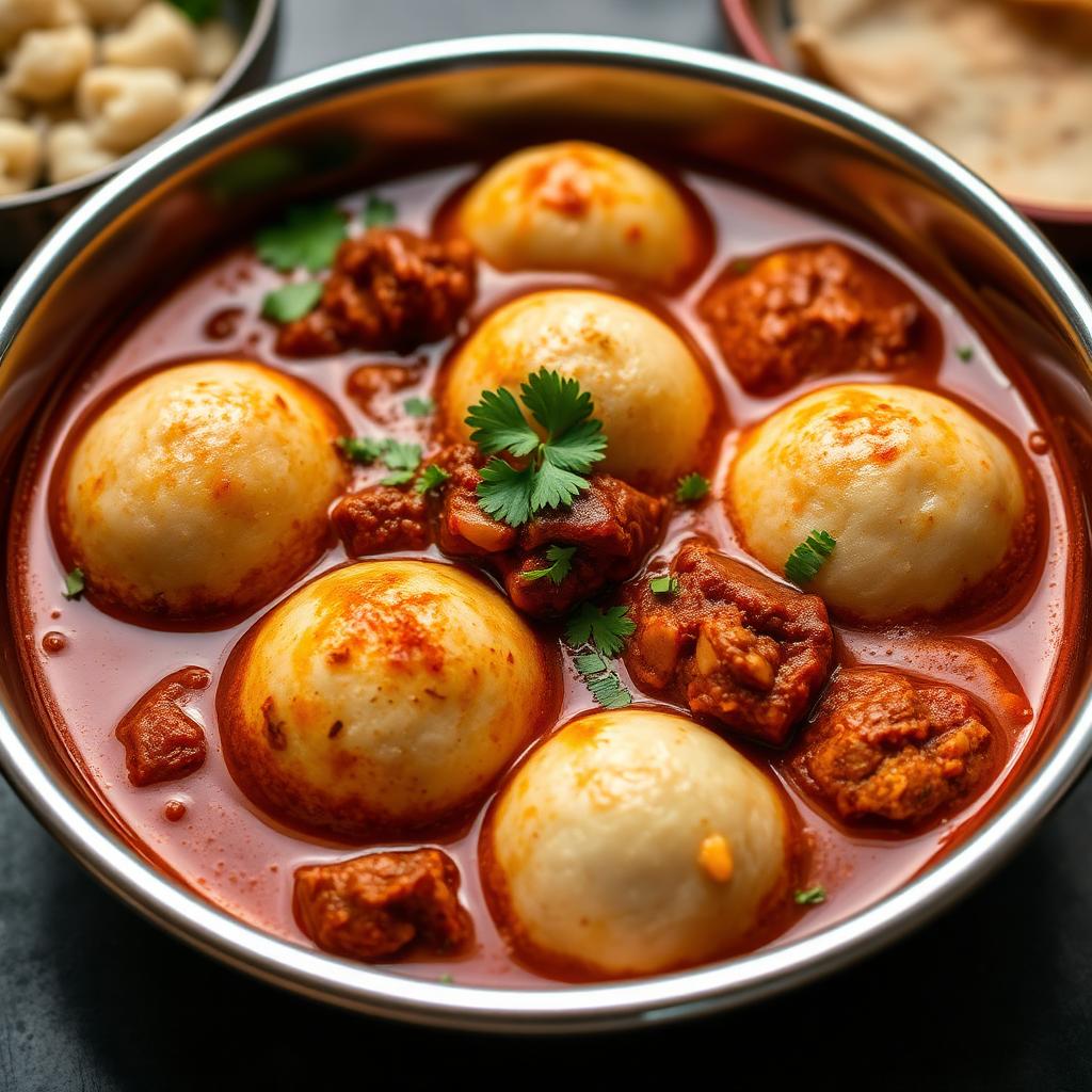 Soft idlis tossed in spicy mutton gravy in a steel bowl