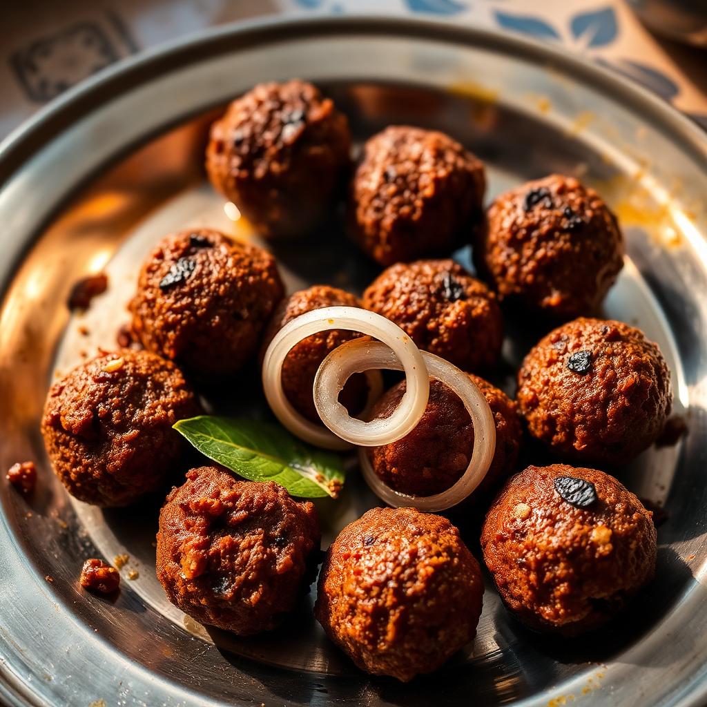 Deep fried minced mutton kola urundai balls on a steel plate