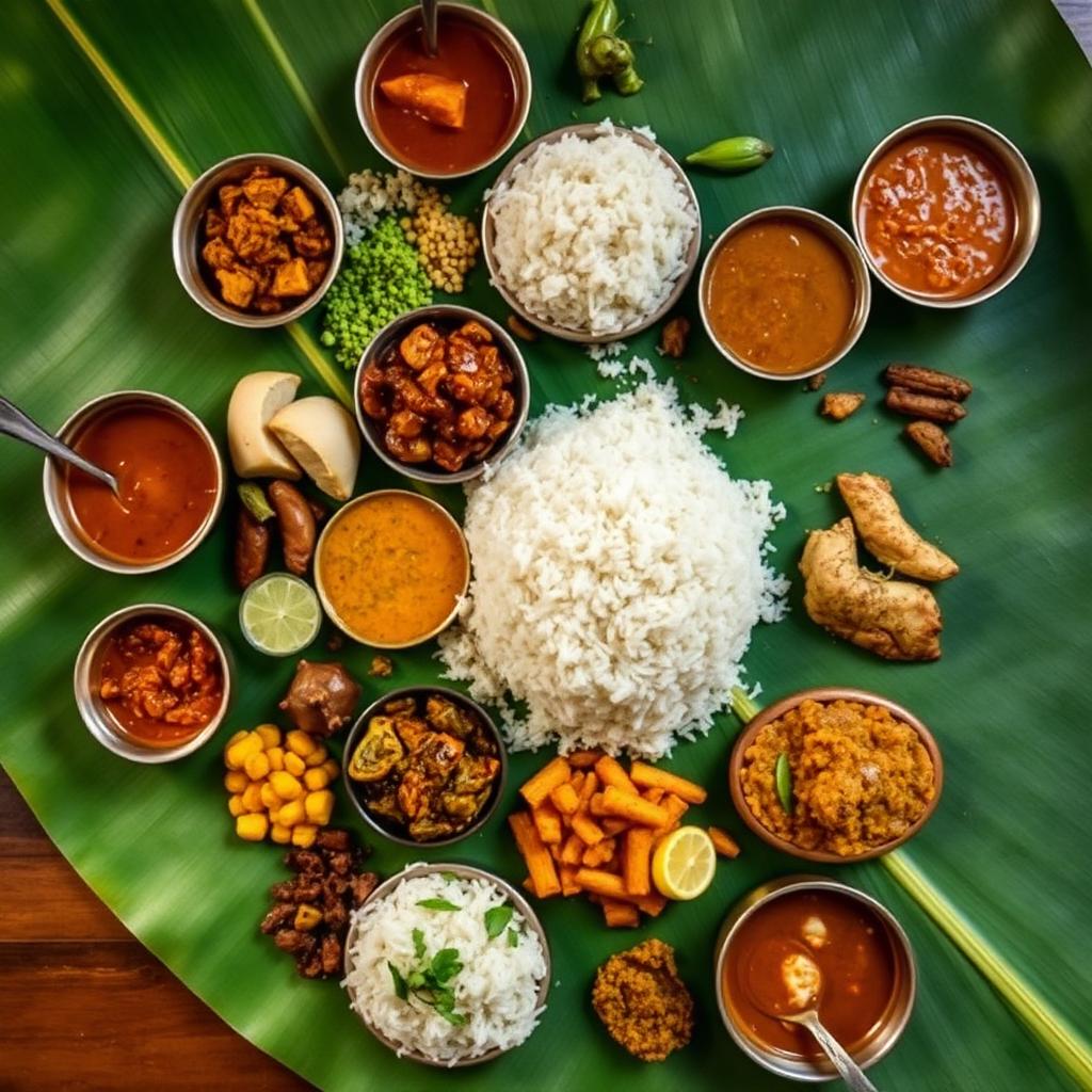 Traditional South Indian banana leaf meal spread with many side dishes