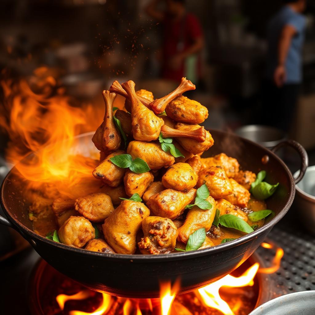 Pepper chicken being tossed in an iron kadai over open flame