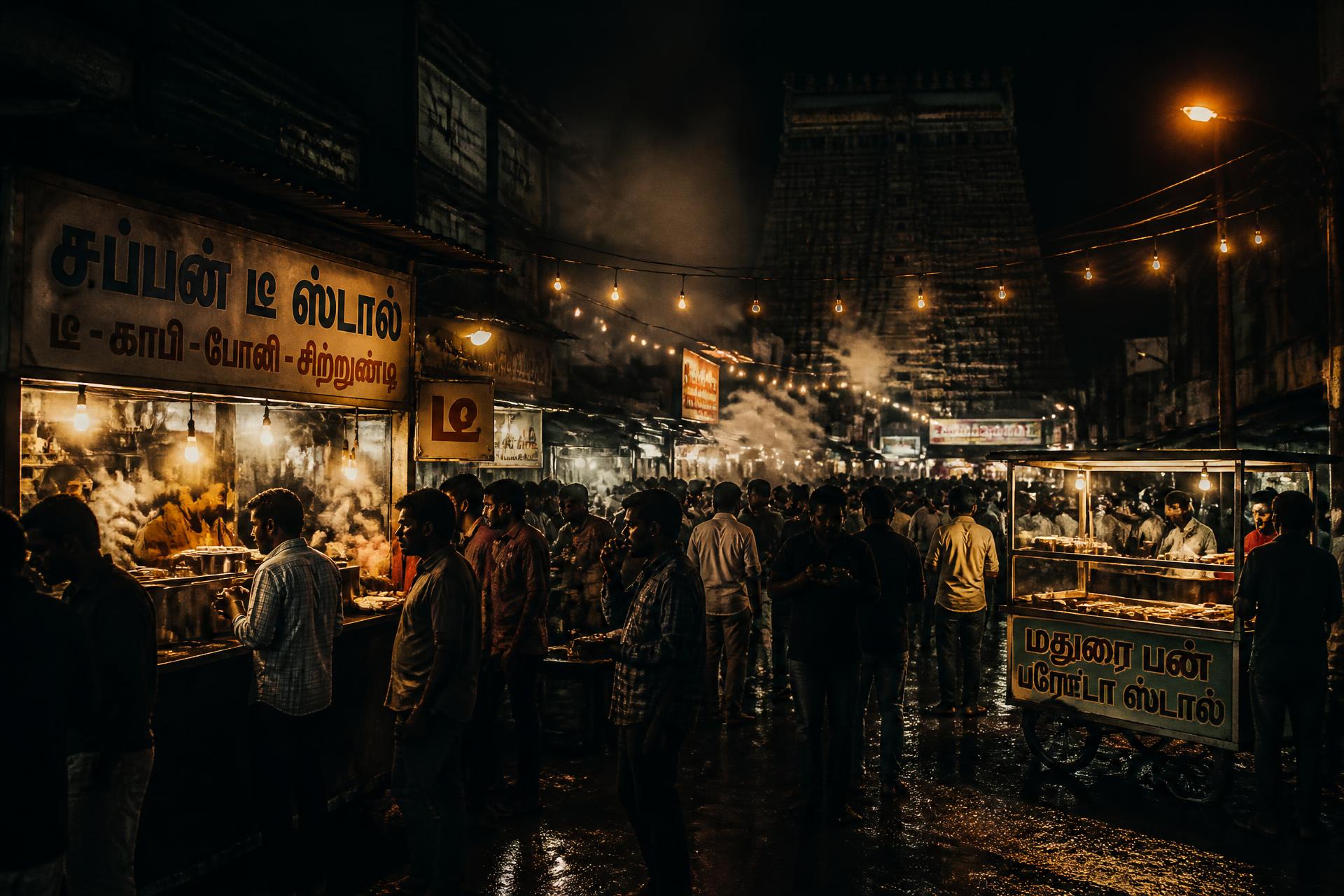 Madurai street food stall at night with glowing bulbs, steam and crowds